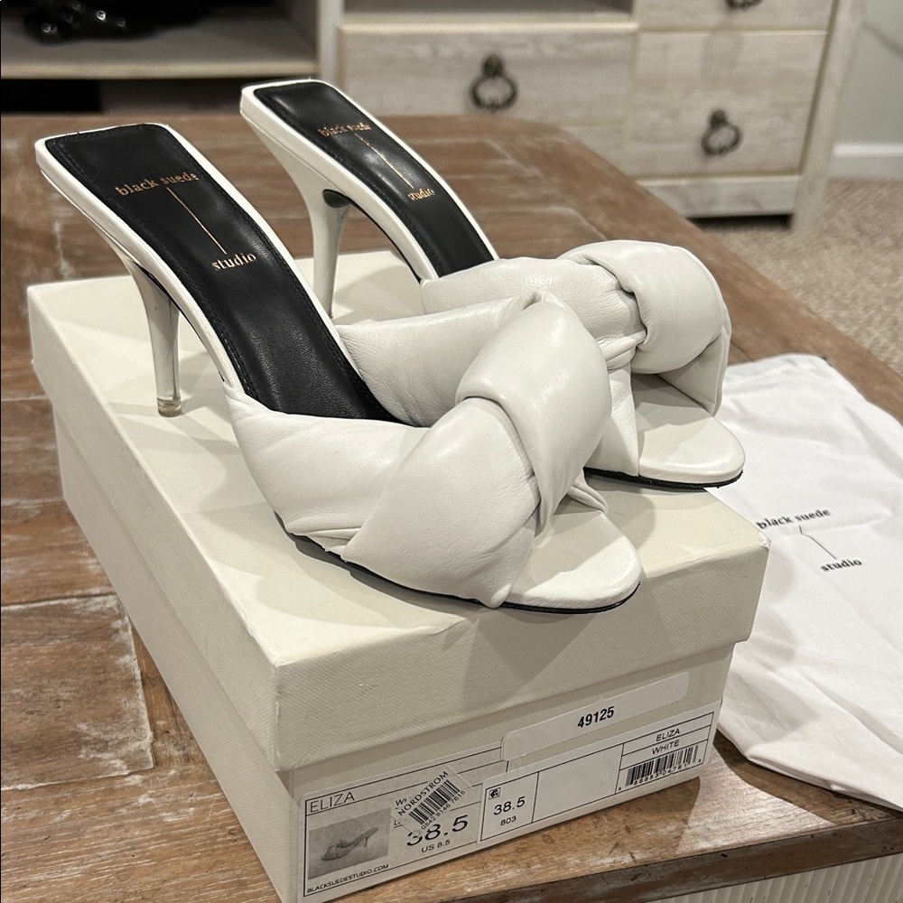 Black Suede Studio Eliza White Leather Heeled Sandals